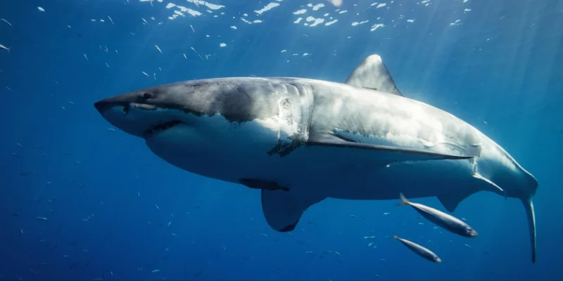 Grand requin blanc (Carcharodon carcharias) en eau bleue