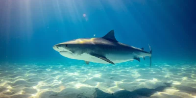 Requin tigre Galeocerdo cuvier dans le bleu au-dessus du sable