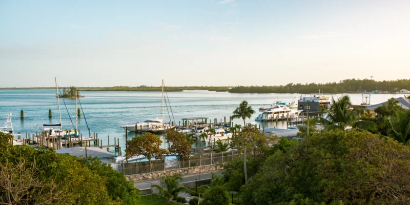 Petit port à Bimini avec voiliers, bateaux à moteur, côte et mer