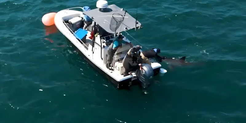 Chercheur balisant à distance un requin blanc depuis un bateau