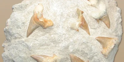 Plusieurs dents fossiles de requins dans un bloc de roche
