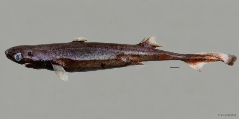Femelle fraîche de Etmopterus bulbosus avec museau renflé, deux nageoires dorsales et barre d'échelle ; arrière-plan étendu avec IA