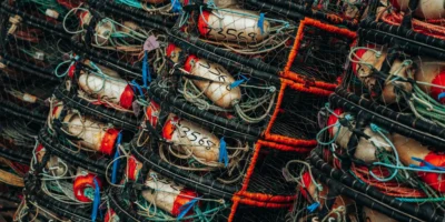 Engins de pêche empilés avec filets, cordages et flotteurs