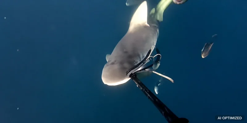 Requin s’approchant du fusil-harpon d’un chasseur sous-marin pendant un palier de sécurité au large de Destin