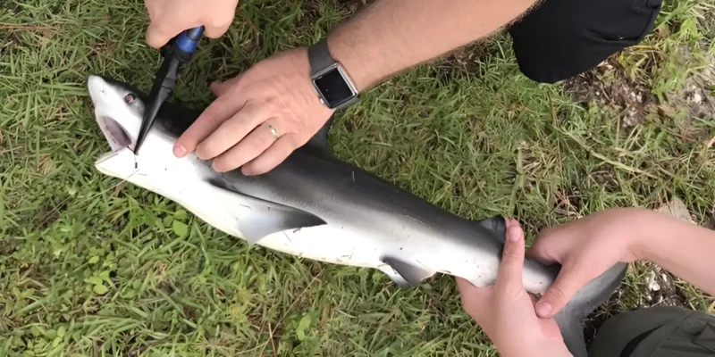 Retrait de l'hameçon dans la gueule d'un requin-bouledogue