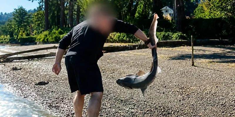 Un homme tient un requin à museau large par la queue lors d'une enquête dans l'État de Washington