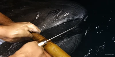 Mains tenant un couteau près de la bouche d’un requin grande-gueule ; image vidéo améliorée par IA
