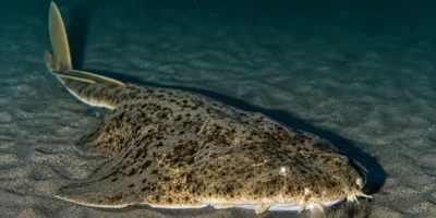Ange de mer commun Squatina squatina posé sur le sable
