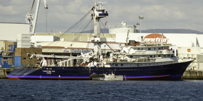 Navire thonier Txopituna Dos dans le port de Marín