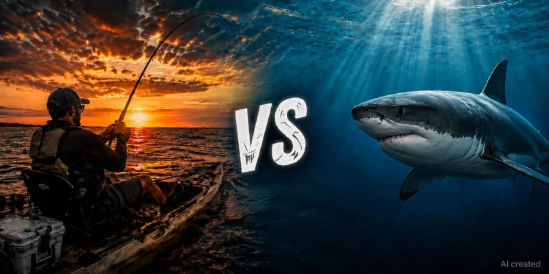 Pêcheur en kayak face à un requin, symbole de la déprédation des prises
