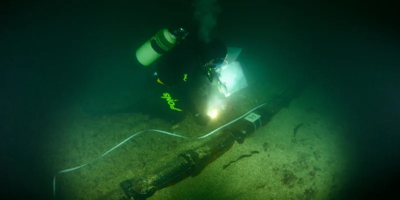 Plongeur inspectant un câble sous-marin colonisé sur le fond à Paimpol-Bréhat