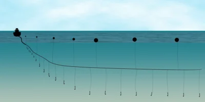 Schéma d’une palangre avec ligne principale, avançons et hameçons appâtés