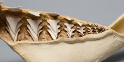 Dents triangulaires dentelées d’une mâchoire conservée de grand requin blanc